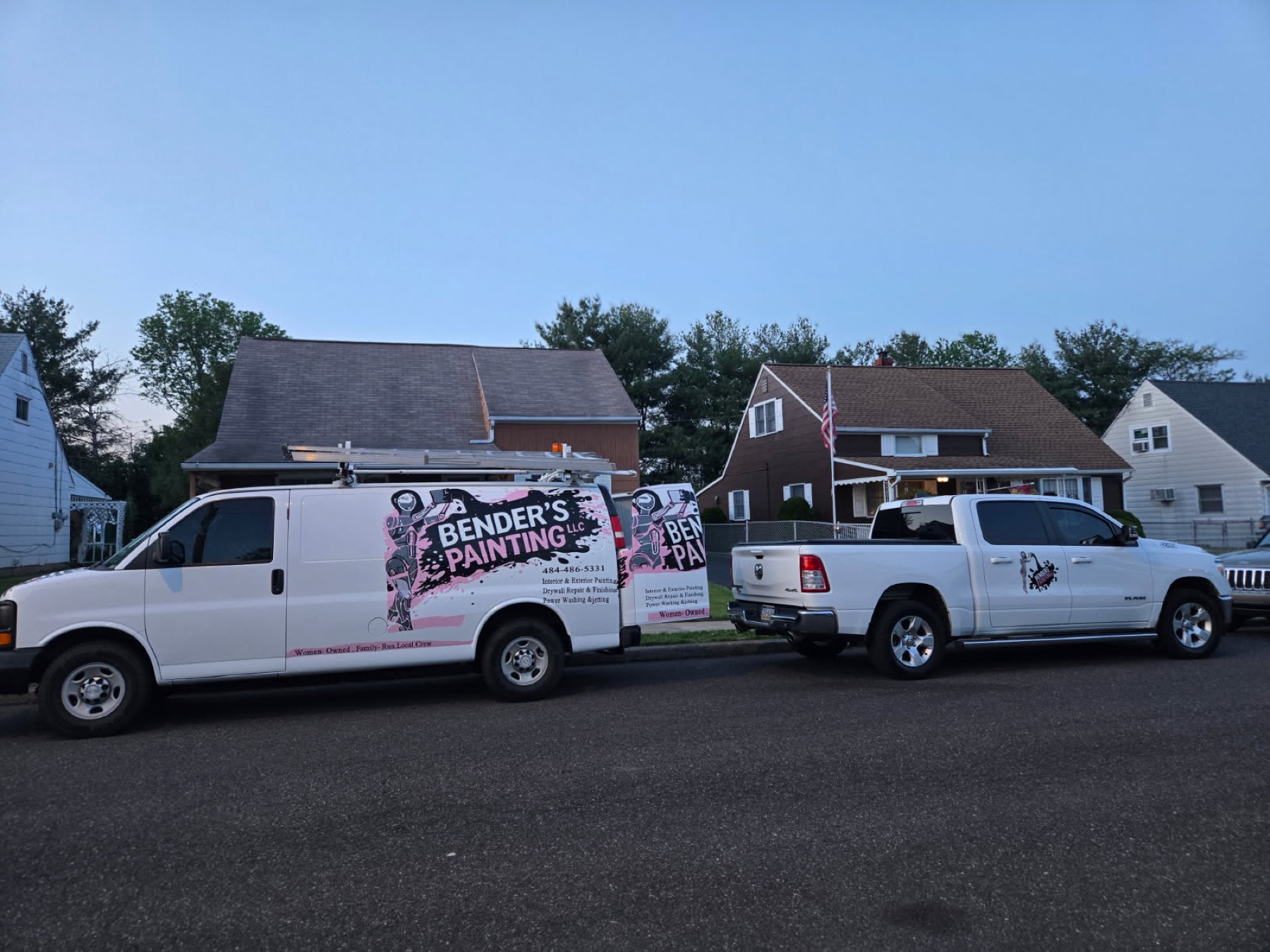 Bender's Painting branded van and truck parked in a Pottstown neighborhood